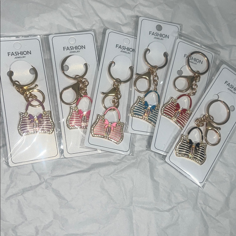 Fashion Gold-Tone Pink Striped Sparkly Purse Keychain- Price is for 1